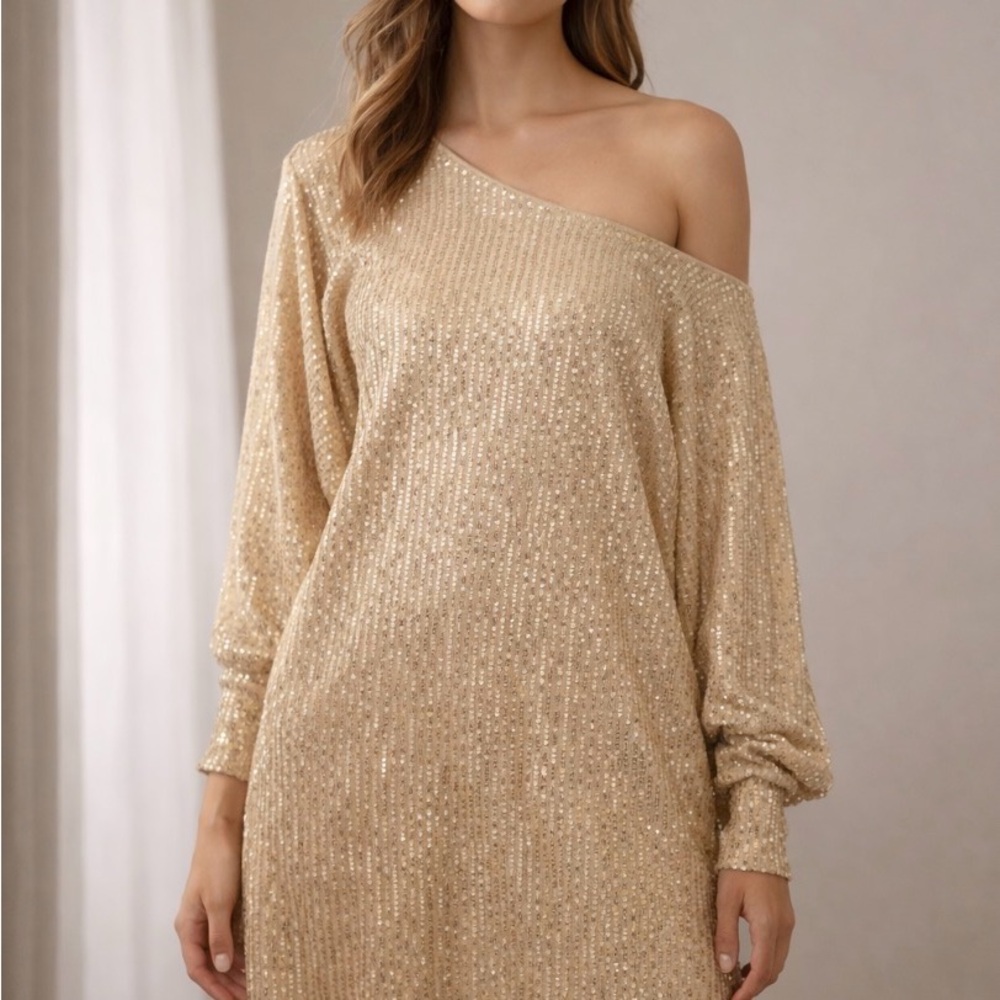 Glamorous One Shoulder Gold Sequin Dress
